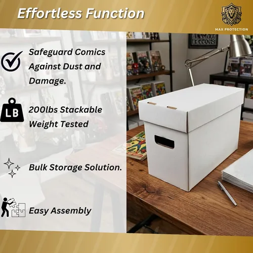 Vista 2 de Max Protection Cajas de almacenamiento de cómics, paquete de 1, cartón corto para 150 a 175 cómics, diseño de doble grosor, caja apilable de alta
