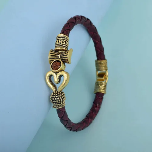 Vista 3 de Indian Collectible - Pulsera espiritual de una cara Trishul Damru OM Rudraksha bañada en oro Mahakal Shiva de cuero genuino de cuerda teñida marrón