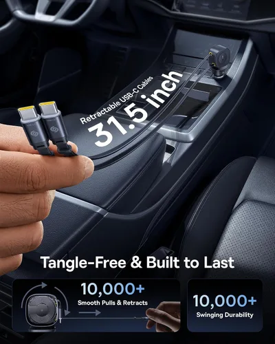 Vista 3 de Baseus Cargador de coche retráctil de 163 W USB C de carga rápida, PrimeTrip VR2 Max 4 en 1, cargador de coche rápido con cable USB C retráctil dual