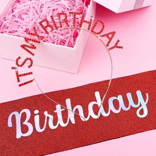 Vista 6 de It's My Birthday - Juego de bandas de princesa, diadema roja, tiara y accesorios para mujeres y niñas, fiesta feliz