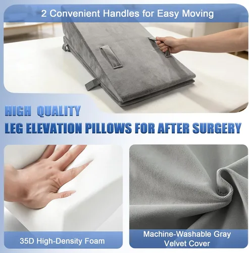 Vista 4 de Almohadas de elevación de piernas de altura ajustable para después de la cirugía, almohada de espuma para cirugía de rodilla con asas y funda