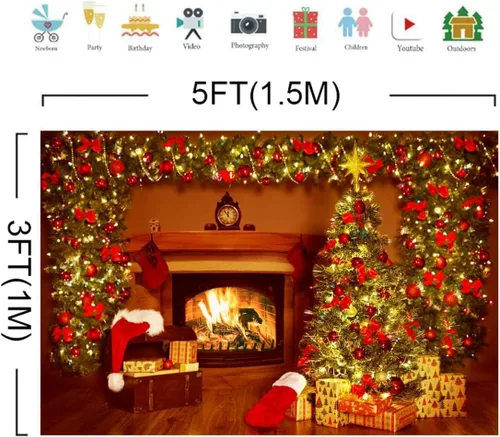 Vista 5 de Lofaris Telón de fondo de Navidad para chimenea, interior vintage, medias de árbol de Navidad, estrellas brillantes, fondo para fotografía, retrato