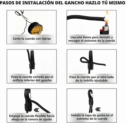 Vista 6 de Rollo de cuerda elástica con 40 ganchos ajustables, cuerdas elásticas resistentes de 1/3 pulgadas x 65 pies, cuerda elástica negra de grado marino