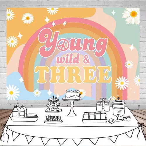 Vista 2 de Mocsicka Groovy Three - Fondo de 3 con texto en inglés "Young Wlid and Three Boho Rainbow Girls" para cumpleaños de tercer cumpleaños, diseño