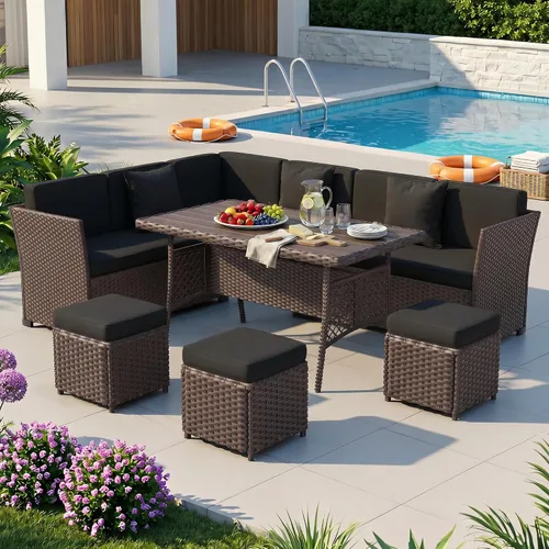 Vista 9 de Juego de muebles de patio, 7 piezas, juego de comedor al aire libre, juego de conversación de ratán para todo tipo de clima, sofá modular de comedor
