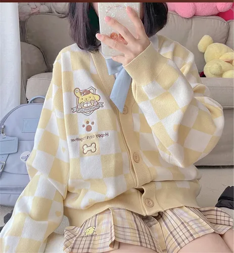 Vista 4 de WANHONGYUE Cárdigan Kawaii Cinnamoroll para mujeres y niñas, de manga larga, frente abierto, cárdigans de punto, uniforme escolar JK