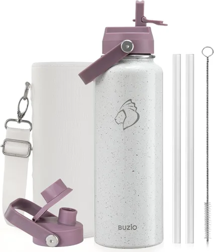 Vista 80 de BUZIO Botella de agua aislada de 24 oz, frasco de agua de boca ancha de acero inoxidable con tapa de pajita, frío durante 48 horas a prueba de Negro
