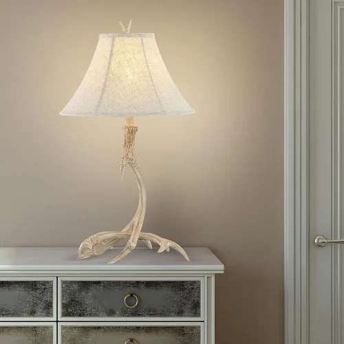 Vista 6 de JONATHAN Y Lámpara de mesa de resina rústica beige de 27.5 pulgadas para sala de estar, dormitorio, pantalla de lino gris claro, lámpara de mesita