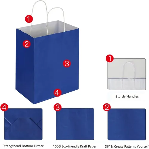 Vista 6 de Oikss Cada paquete de 50 bolsas de regalo de papel kraft medianas azul y amarillo con asas a granel