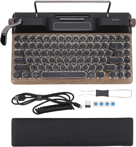 Vista 9 de Zopsc Retro Typewriter Mechanical Keyboard, 84 Keys Wireless 2.4G and Bluetooth 5.0, RGB Backlit, Blue Switches, Hot Swappable, with PU Leather