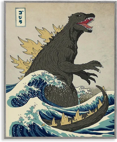 Vista 15 de Ilustración náutica de estilo oriental de Godzilla' Arte Giclée enmarcado Blanco costero (Texturado)