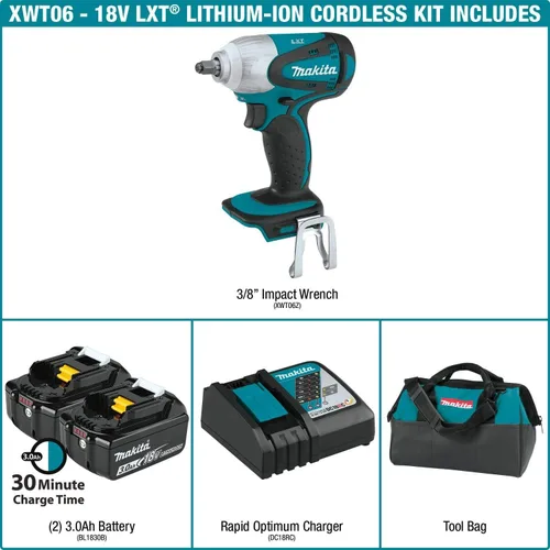 Vista 2 de Makita XWT06 18V LXT® Kit de llave de impacto sin cable de iones de litio de 3/8" de accionamiento cuadrado (3.0Ah)