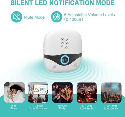 Vista 5 de TTJ Timbre inalámbrico con timbre Doobell, timbre de aula, rango de 1300 pies, configuración de 2 minutos, luces LED, IP55 impermeable, ajuste