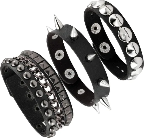 Vista 10 de MILAKOO 3 unids hombres tachonado brazalete remaches pulsera cuero remaches pulsera