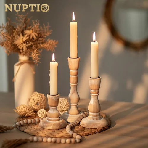 Vista 3 de NUPTIO Portavelas de granja para centro de mesa: juego de 2 candelabros de madera pequeños y 6 candelabros rústicos para el hogar, mesa de comedor