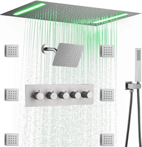 Vista 11 de Sistema de ducha termostático y cabezal de ducha de lluvia LED de techo de Oro cepillado