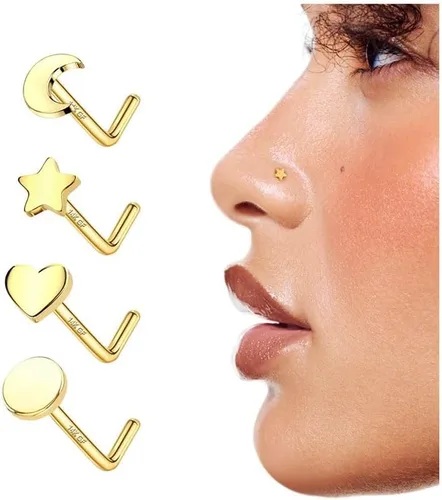 Vista 10 de 4 piezas de anillos de nariz de 20G bañados en oro de 14K para mujeres y hombres, anillos de nariz en forma de L, joyería hipoalergénica