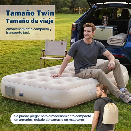 Vista 6 de Colchón de aire de campamento individual de 10 pulgadas con bomba integrada con almohada elevada de 2 pulgadas, colchón inflable portátil