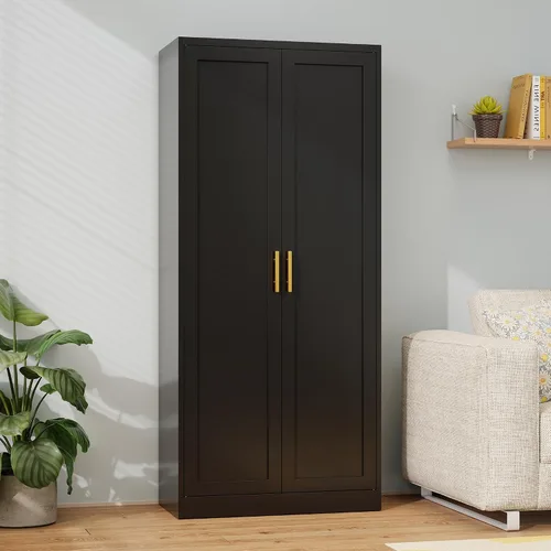 Vista 2 de Gabinete de metal para despensa de cocina, 71 pulgadas de alto x 28 pulgadas de ancho x 14 pulgadas de profundidad con 2 puertas y 4 estantes Negro