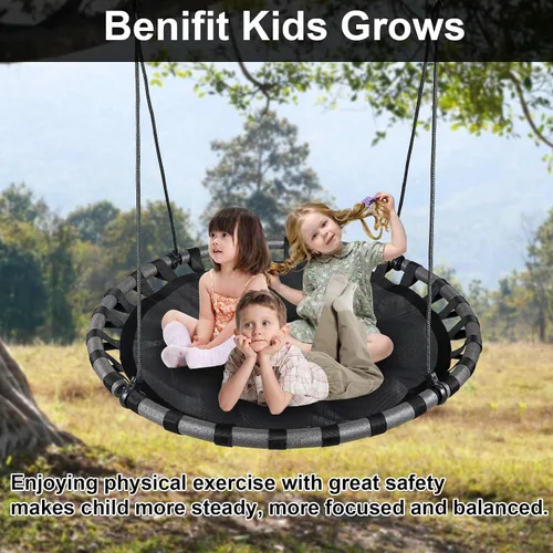 Vista 6 de Columpio de árbol de platillo negro de 43 pulgadas para niños, columpio redondo volador impermeable y resistente a todo tipo de clima, tapete