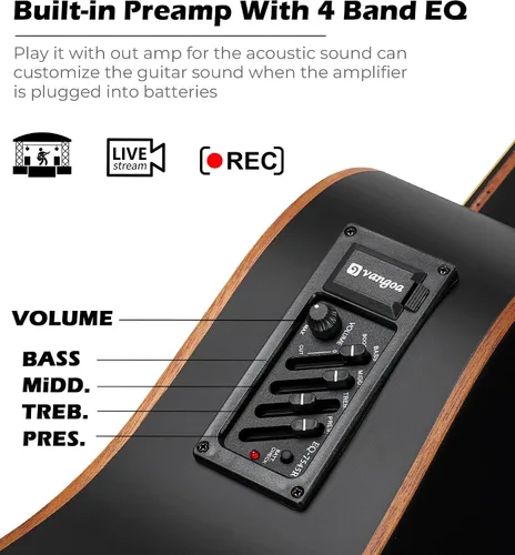Vista 2 de Kit de guitarra electroacústica Vangoa para zurdos, tamaño completo, para principiantes adultos, con EQ de 4 bandas incorporado, bolsa, afinador