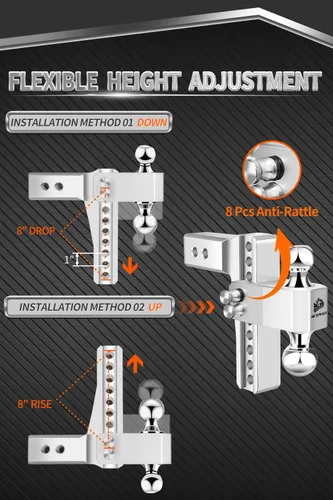 Vista 5 de METOWARE Enganche de remolque ajustable - Enganche de caída de aluminio para receptor de 2.5 pulgadas - Enganche de remolque de servicio pesado