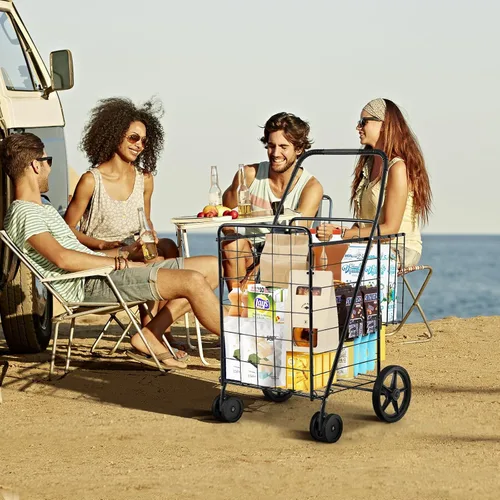 Vista 9 de COSTWAY Carrito de compras plegable, carrito de comestibles de metal con cesta adicional Ruedas delanteras giratorias de 360° y mango cómodo, Negro