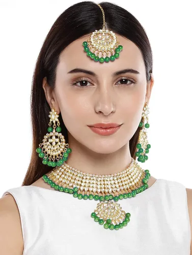 Vista 5 de Aheli Faux Kundan Necklace Earrings Maang Tikka Set Indian Ethnic Wedding Fashion Jewelry Set for Women