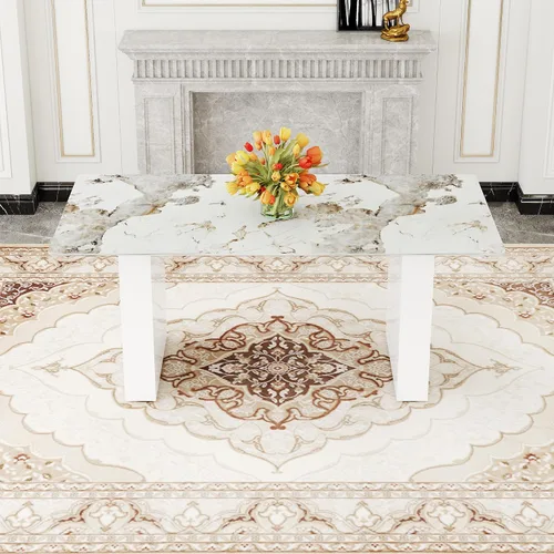 Vista 4 de Mesa rectangular grande y moderna con mesa de vidrio estampado de 0.39 pulgadas y patas de mesa grandes, adecuada para cocina, comedor y sala