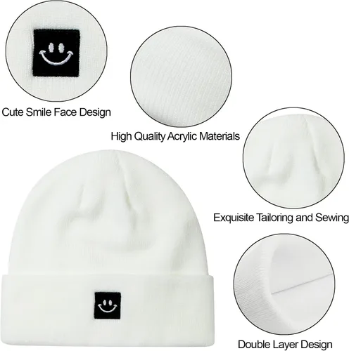 Vista 3 de MaxNova Gorro para mujer y hombre, diseño de cara sonriente, gorro de invierno, 2 paquetes