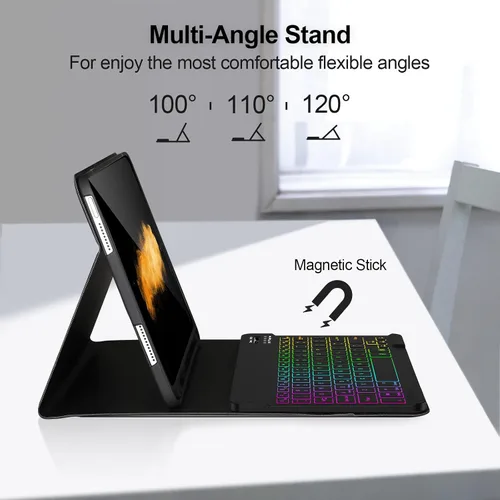 Vista 6 de AHYWTAN Funda de teclado para iPad 9/8/7ª generación 10.2, teclado Bluetooth con retroiluminación de 7 colores, funda para iPad de 10.2 pulgadas