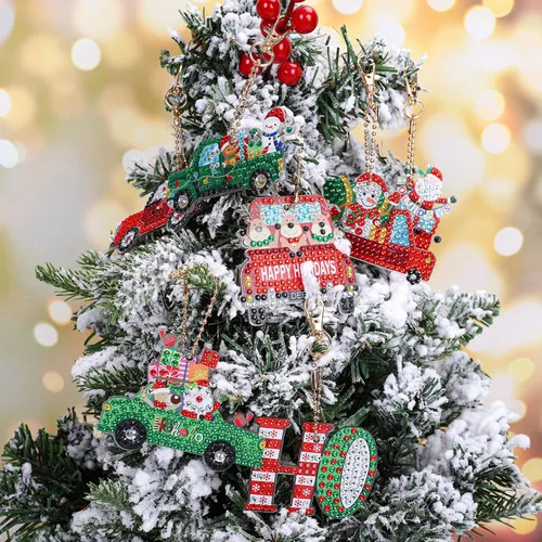 Vista 7 de AnyDesign 12 piezas de llavero de arte de diamantes de Navidad, hecho a mano, camión, Papá Noel, muñeco de nieve, pintura de gemas, colgante