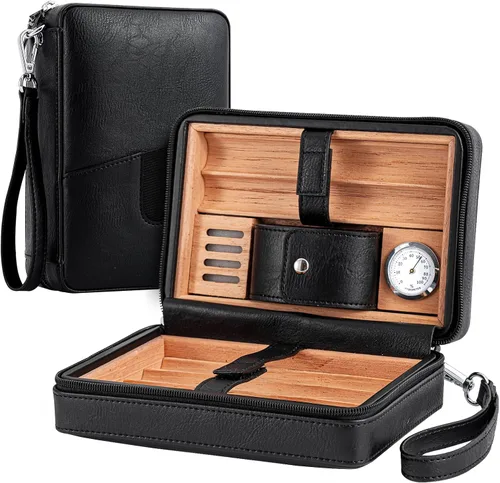Vista 2 de Goshentech Estuche de cuero de madera de cedro, capacidad: 6 piezas, estuche de viaje portátil (Negro)