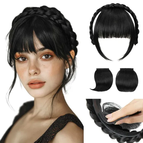 Vista 17 de SARLA Diadema trenzada con 3 flequillos desmontables con clips, extensiones de cabello con flequillo para mujer, banda de cabello sintética falsa