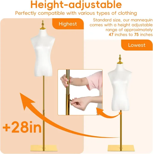 Vista 4 de Maniquí femenino forma cuerpo torso con soporte, maniquí de costura de altura ajustable para exhibición de ropa, base de metal, para sastres