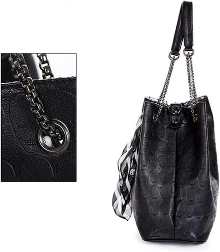 Vista 6 de Chikencall Bolso de hombro de piel sintética con estampado de calavera para mujer, estilo punk, 2 juegos, Negro