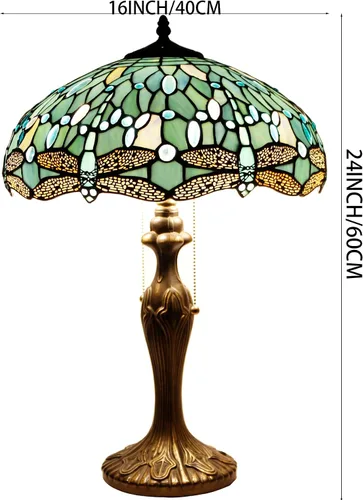 Vista 4 de WERFACTORY Tiffany Lámpara de mesa de noche de cristal azul mar, lámpara de mesa estilo libélula luz de lectura de escritorio, base de metal, 16 x