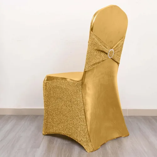 Vista 32 de Efavormart - Funda para silla de banquete de elastano beige con banda de hebilla de diamantes de imitación plateados, funda elástica para silla