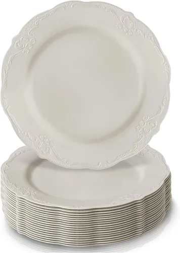 Vista 5 de Platos desechables de diseño vintage para postre para fiesta (10 piezas) Juego de vajilla desechable resistente de 7.5", platos de plástico