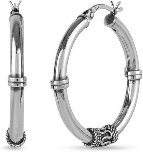 Vista 3 de LeCalla Pendientes de aro de plata de ley oxidados de dos tonos ligeros de peso bali para mujer, Plata de ley