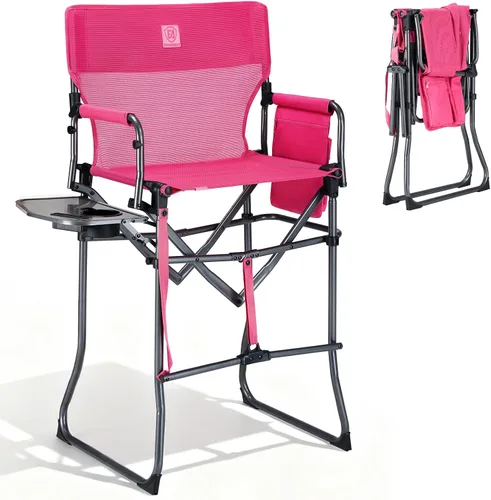 Vista 14 de EVER ADVANCED Silla alta de textileno para campamento, silla de directores de malla, taburete de bar plegable alto con mesa auxiliar