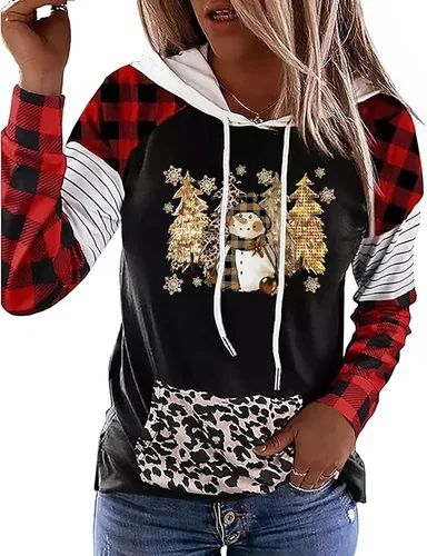 Vista 12 de LLHXRUI Sudadera de Navidad con diseño de árbol a cuadros y rayas para mujer, camiseta con bolsillo con capucha, manga larga, bloque de color Como