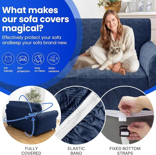 Vista 4 de YEMYHOM 1 Pieza Fundas Elásticas para Sofá de 3 Cojines, Funda de Sofá Jacquard con Parte Inferior Elástica Antideslizante, Funda Engrosada Azul