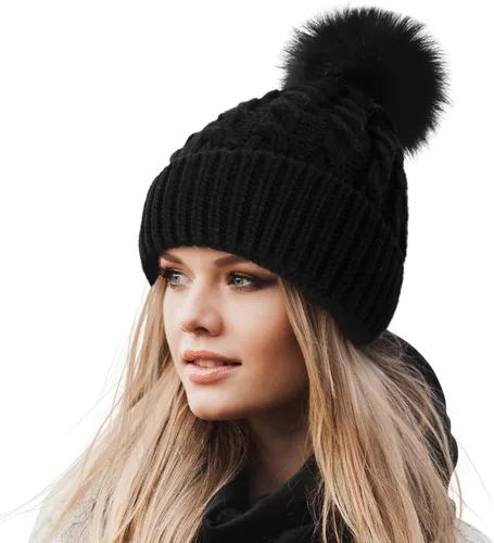 Vista 7 de Gorro tejido suave de invierno para mujer con borla de piel sintética, cálido, con diseño de calavera Cozy Lined_Denim Azul