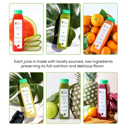 Vista 2 de Limpieza de Jugos de 1 Día por Raw Fountain, Sabores Tropicales, Totalmente Natural Crudo, Jugos de Frutas y Verduras Prensados en Frío, Limpieza