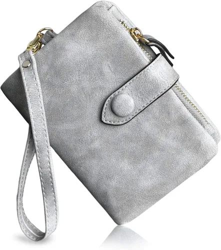 Vista 8 de PofeeXIO Cartera de cuero pequeña para mujer Bifold RFID con muñequera para damas, ranura para tarjetas, ventana para identificación, monedero