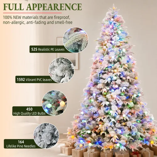 Vista 2 de Hykolity Árbol de Navidad flocado preiluminado de 7.5 pies, 450 luces LED 1592 puntas flocadas mixtas, 450 LED blanco cálido y multicolor, 10 modos