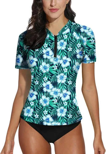 Vista 34 de BesserBay Camiseta de natación de manga corta con cremallera UPF 50+ para mujer, de secado rápido