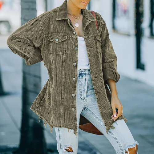 Vista 4 de Hixiaohe Chaqueta Camisa de Pana con Botones Holgada Casual para Mujer Abrigo Lavado Retro Shacket Verde militar