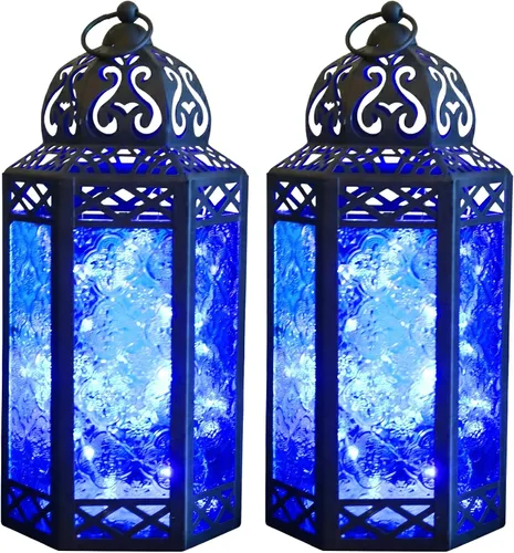 Vista 20 de VELA LANTERNS Juego de 2 portavelas decorativos de LED con luces de hadas de 12" de metal marroquí para colgar o mesa, decoración del hogar